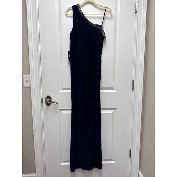 Adrianna Papell Size 12 Navy Blue EMBELLISHED One Shoulder Jersey Gown Dress NWT - Picture 5 of 12